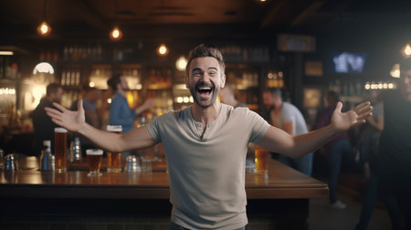 Caucasian man drinking beer in pub.の素材