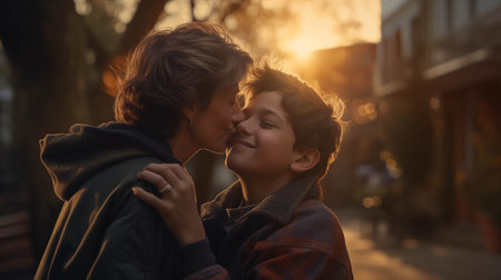 Caucasian boy kisses his mother outside the house.の素材