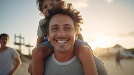 Caucasian boy riding on the back of his father at the beach.の素材