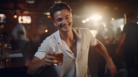 Caucasian man drinking beer in pub.の素材