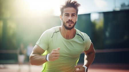 Young Caucasian man is confident playing tennis on the court.の素材