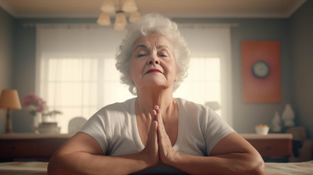 Elderly Caucasian woman practicing yoga at home.の素材