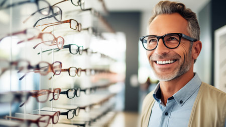 Caucasian man tries on glasses in an eyeglasses store.の素材
