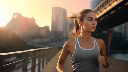 Young Caucasian woman jogging in the city.の素材