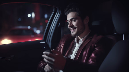 Caucasian businessman playing with cell phone in car.の素材