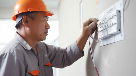 Asian male electrician installing electrical outlets.の素材