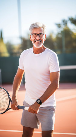 Young Caucasian man is confident playing tennis on the court.の素材