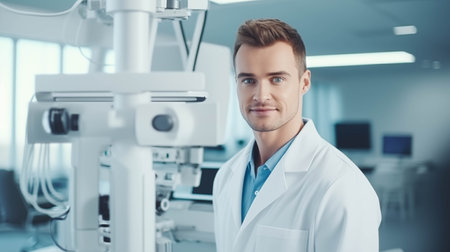 Caucasian woman in gown is having confidence in office science work.の素材