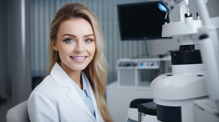 Caucasian woman in gown is having confidence in office science work.の素材