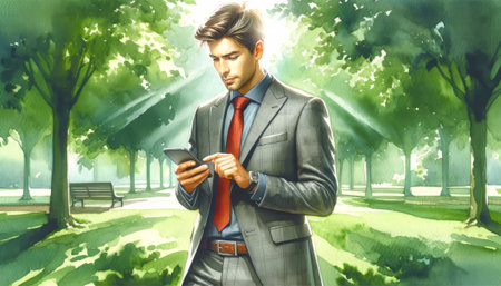 The image shows a businessman using a phone in a sunlit park.の素材