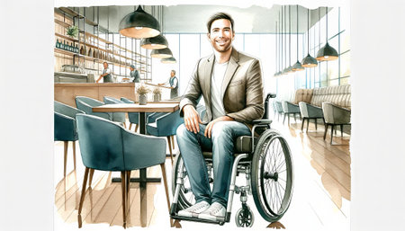 The image portrays a man in a wheelchair in a stylish cafe interior, smiling confidently at the viewer.の素材