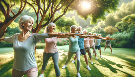 A group of seniors joyfully practicing tai chi in a sunlit park.の素材