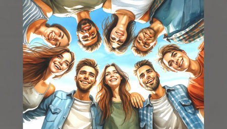 The image is a vibrant group portrait of young adults.の素材