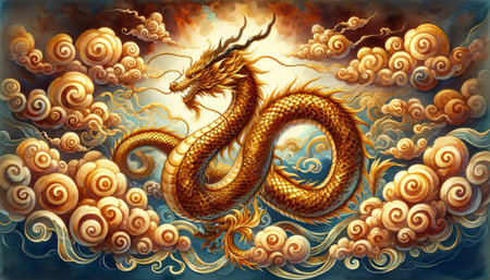 The image is a majestic depiction of a golden dragon amongst swirling clouds in a mythical atmosphere.の素材