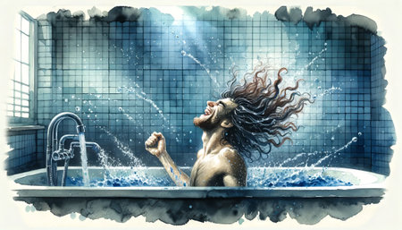 The image illustrates a person rejoicing in the shower, with sunlight streaming through a window.の素材