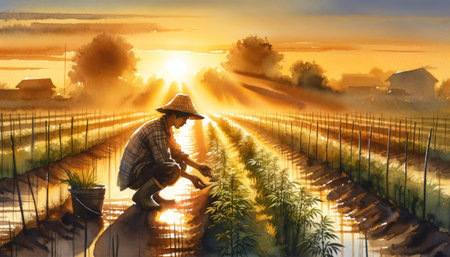 The image portrays a serene sunrise scene with a farmer tending to crops in a field.の素材