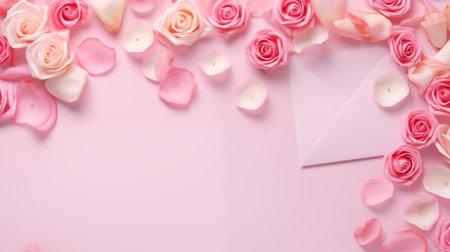The image depicts an assortment of pink and white roses with petals scattered around, and a white envelope on a pink background.の素材