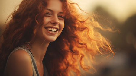 The image features a woman with red hair smiling brightly in a sunlit setting.の素材