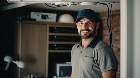 Caucasian male mechanic installing electrical equipment in house.の素材