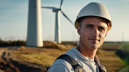 Young Caucasian engineer looking at camera with confidence, wind turbine backgroundの素材