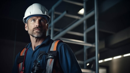 Caucasian male electrician in uniform working on generator.の素材
