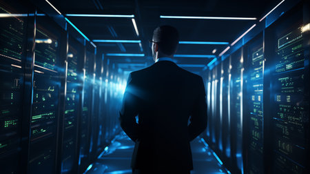The image shows a man from behind, looking at server racks in a data center illuminated by blue lights.の素材