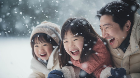 Asian family wearing coats playing in the snow.の素材