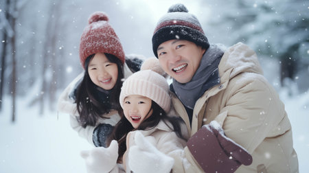 Asian family wearing coats playing in the snow.の素材