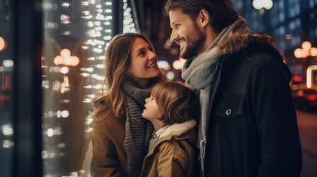 Caucasian family in winter clothes watching city lights.の素材
