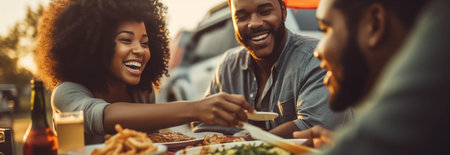 African family eating together at a tent in the forest.の素材