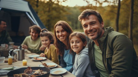 Caucasian family camping in the forestの素材