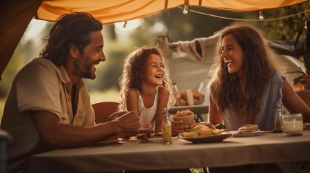 Caucasian family camping in the forestの素材