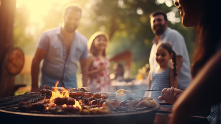 Closeup of a group of people having a barbecue outside.の素材