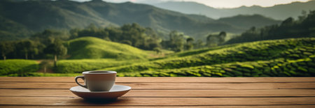 Tea cup placed on a wooden table, tea plantation background.の素材