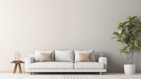 A white-toned living room with a sofa and plants.の素材