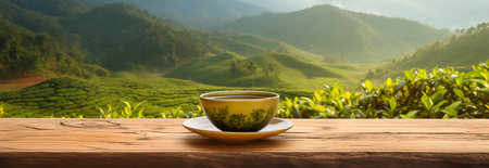 Tea cup placed on a wooden table, tea plantation background.の素材