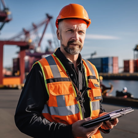 Caucasian male foreman inspecting containers at the port.の素材