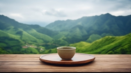 Tea cup placed on a wooden table, tea plantation background.の素材