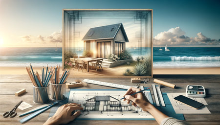 An architect is designing a sketch of a beach house.の素材