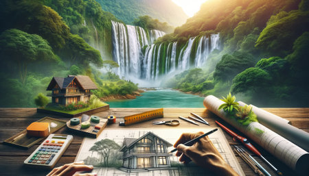 An architect is designing a sketch of a house in the forest.の素材
