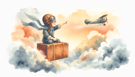 The image is a whimsical watercolor of a child in pilot attire sitting on a suitcase among clouds.の素材