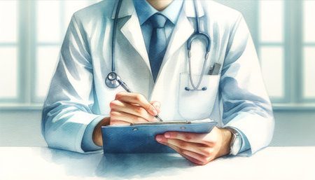 Doctor writing notes on a clipboard in a bright clinic.の素材