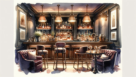 Cozy bar interior with warm lighting and elegant seating.の素材