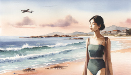 A woman in a floral swimsuit gazes at a plane flying over a serene beach at dusk.の素材