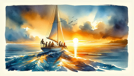 The image shows a watercolor artwork of a sailboat at sea during a vibrant sunset. The sky is streaked with clouds reflecting the warm colors of the sun, as a group of people aboard the boat enjoy the view.の素材