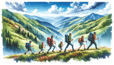 This image depicts a group of hikers in a vibrant watercolor landscape.の素材