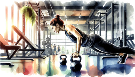 The image depicts a woman in a plank position holding a kettlebell in a gym.の素材