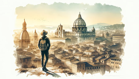This watercolor painting captures a person overlooking a historic cityscape.の素材