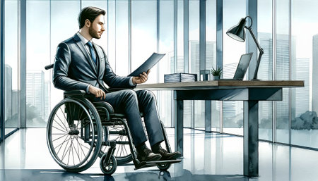 The image features a professional man in a wheelchair working at an office desk.の素材