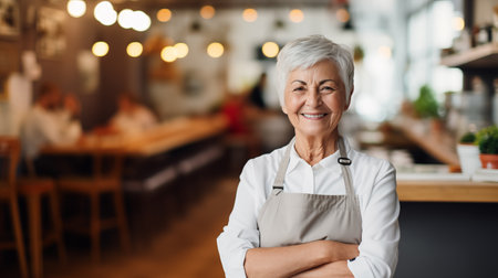 The image depicts an elderly woman with white hair, smiling, wearing an apron, standing in a modern kitchen setting.の素材